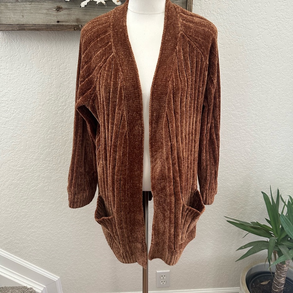 Olive & Oak chenille Rich Brown‎ Open front Cardigan Size M